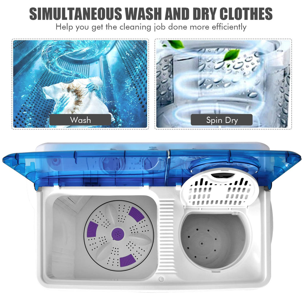 COSTWAY Portable Washing Machine, Twin Tub 26lbs Capacity Laundry, 18lbs Washer and 8lbs Spinner Combo with Timer Knobs, Built-in Drain Pump, Compact Washer for Home Dorm Apartment (Grey+White)