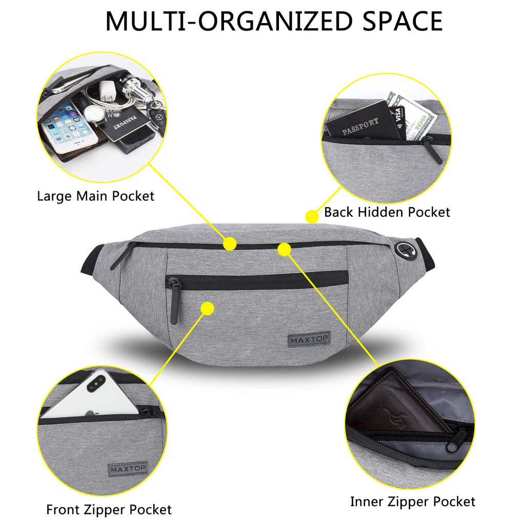 MAXTOP Large Bumbag Waist Fanny Pack Running Belt for Men Women Unisex Bum Bag with Headphone Jack and 4-Zipper Pockets Adjustable Belt for Travel Running Jogging Workout Hiking Gifts All Black