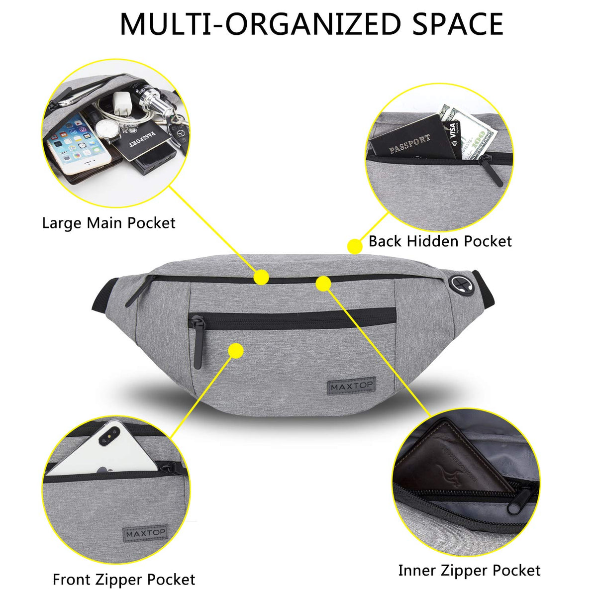 MAXTOP Large Bumbag Waist Fanny Pack Running Belt for Men Women Unisex Bum Bag with Headphone Jack and 4-Zipper Pockets Adjustable Belt for Travel Running Jogging Workout Hiking Gifts All Black