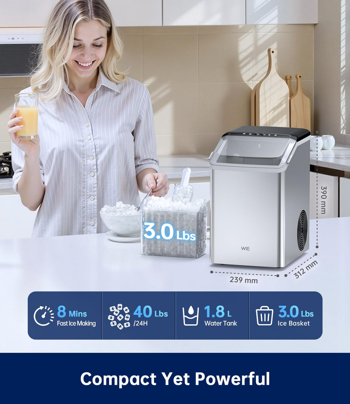WIE Nugget Ice Maker Countertop, Sonic-Style Chewable Nugget Ice, 40lbs/Day, Fast Ice Making, Quiet Operation, Self-Cleaning Ice Maker Machine, Compact Ice Machine for Home Kitchen Party