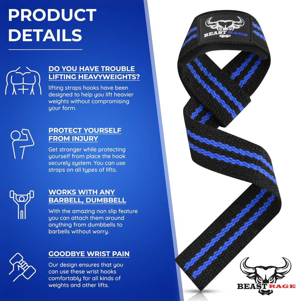 BEAST RAGE Weight Lifting Straps Fitness Padded Cotton Wrist Support Gel Advanced Grips Dumbbell Bar Wraps Heavy Duty Gym Bodybuilding Straps Power Deadlift Barbells Non Slip Exercise