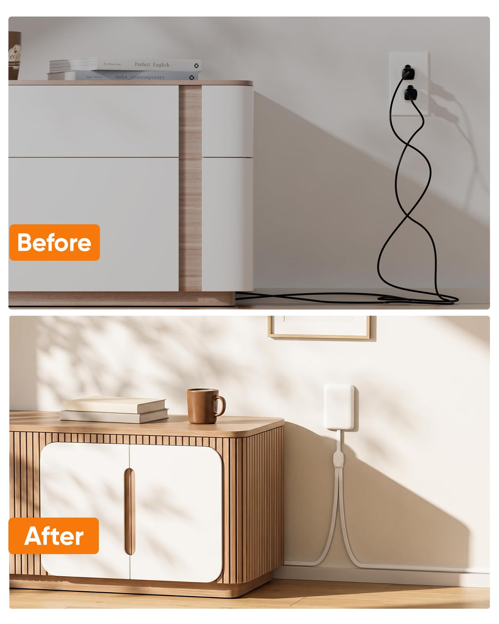 Olcorife Flat Extension Cord with Outlet Cover, Flat Plug Power Strip with 6 Outlets and 3 USB Ports, 8 FT Cord Hidden Outlet Extender for Tight Spaces