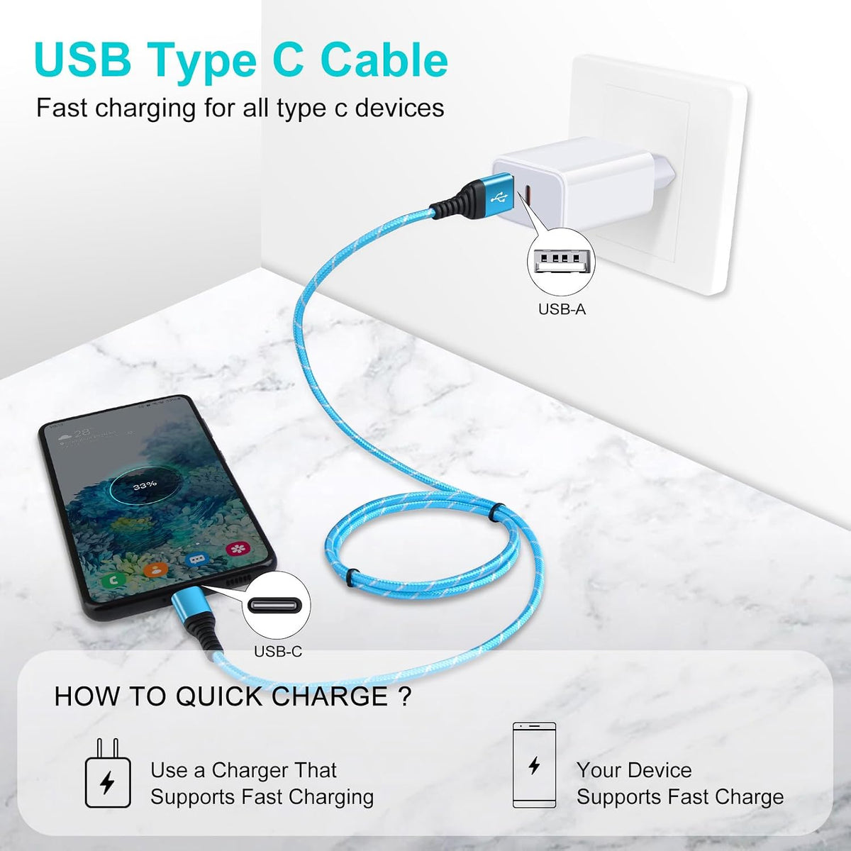USB C Samsung Charger Cable Fast Charge Lead 6FT 2Pack Type C Phone Charger