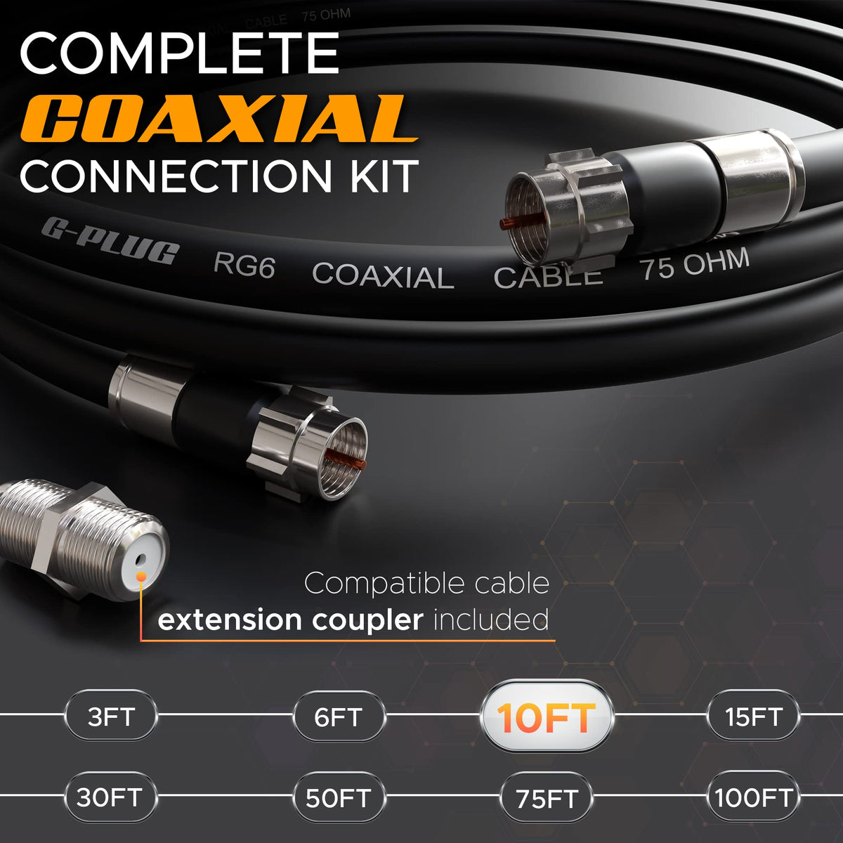 G-PLUG 40FT RG6 Coaxial Cable Extender - Coax Cable Cord, Triple Shielded