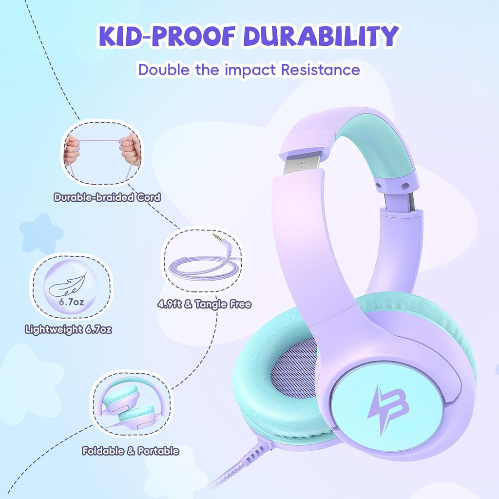 Botesty Sound Kids Headphones Wired for School, 3.5 Plug Safe Volume Purple