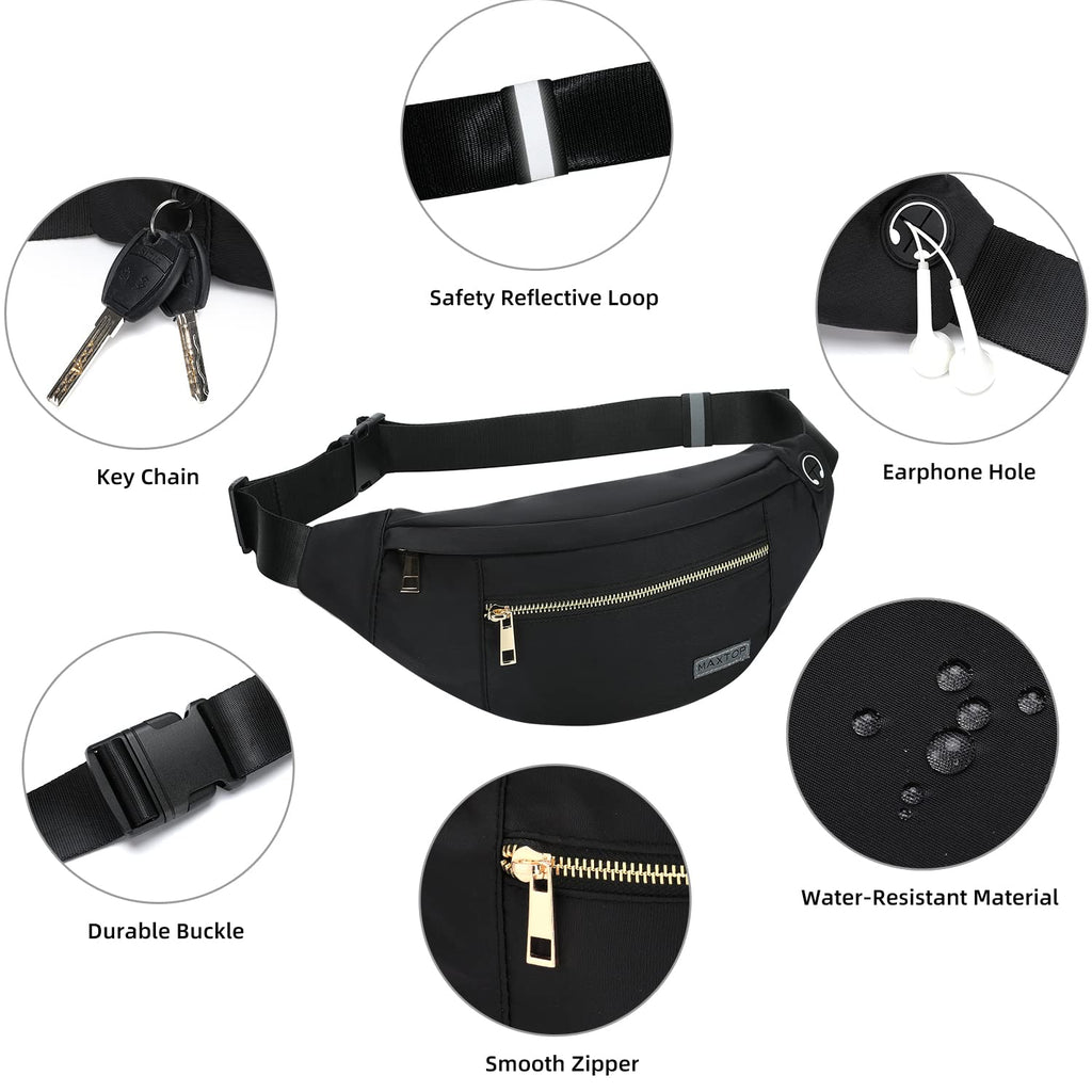 MAXTOP Large Bumbag Waist Fanny Pack Running Belt for Men Women Unisex Bum Bag with Headphone Jack and 4-Zipper Pockets Adjustable Belt for Travel Running Jogging Workout Hiking Gifts All Black