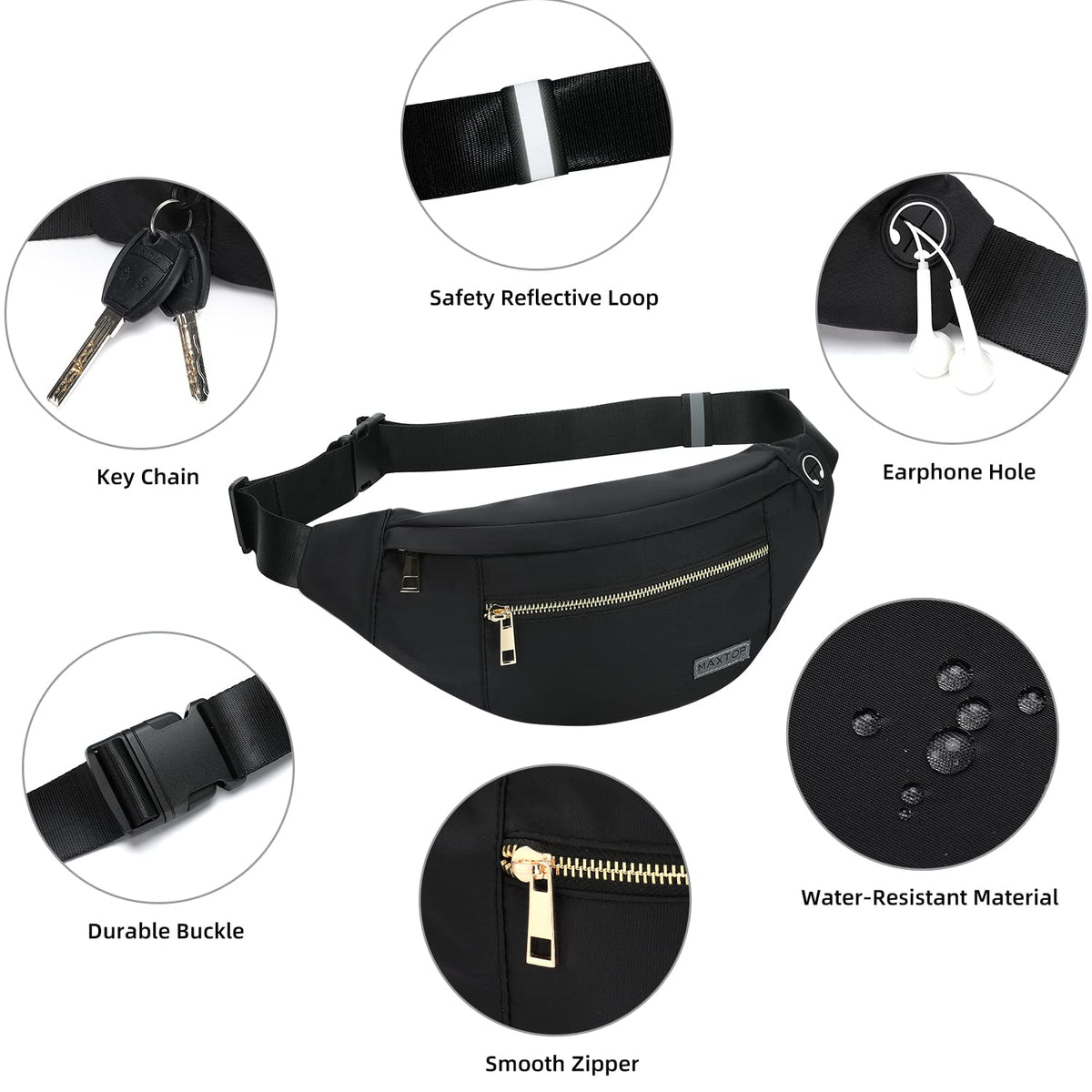 MAXTOP Large Bumbag Waist Fanny Pack Running Belt for Men Women Unisex Bum Bag with Headphone Jack and 4-Zipper Pockets Adjustable Belt for Travel Running Jogging Workout Hiking Gifts All Black