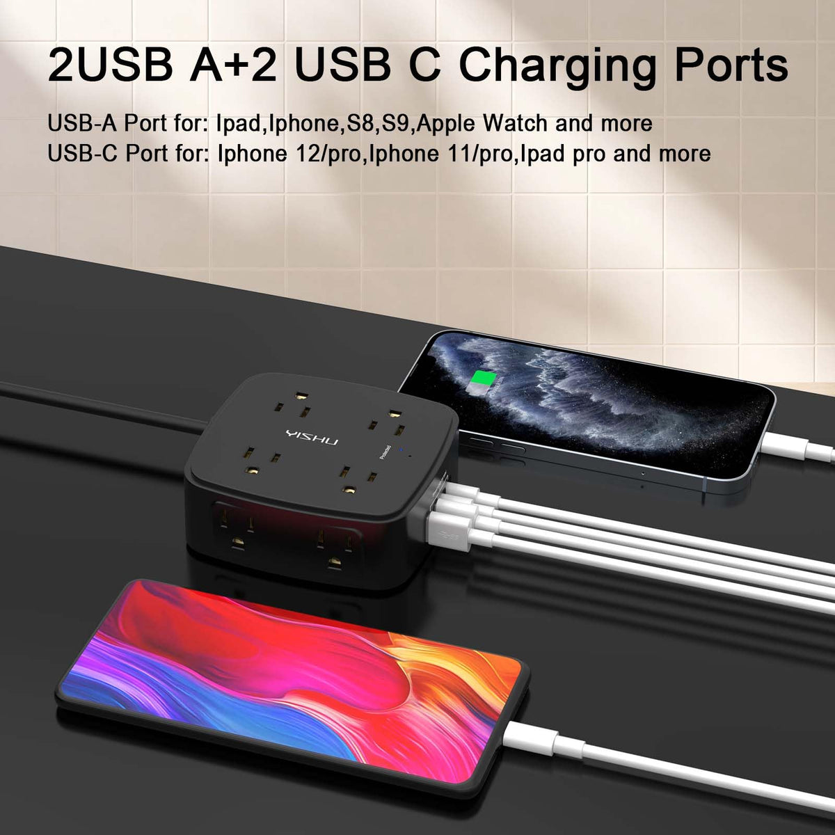 6 Ft Surge Protector Power Strip - YISHU 8 Widely Outlets with 4 USB Ports, 3 Side Outlet Extender with 6 Feet Flat Extension Cord, Ultra Flat Plug, Wall Mount, Desk USB Charging Station, ETL, Black