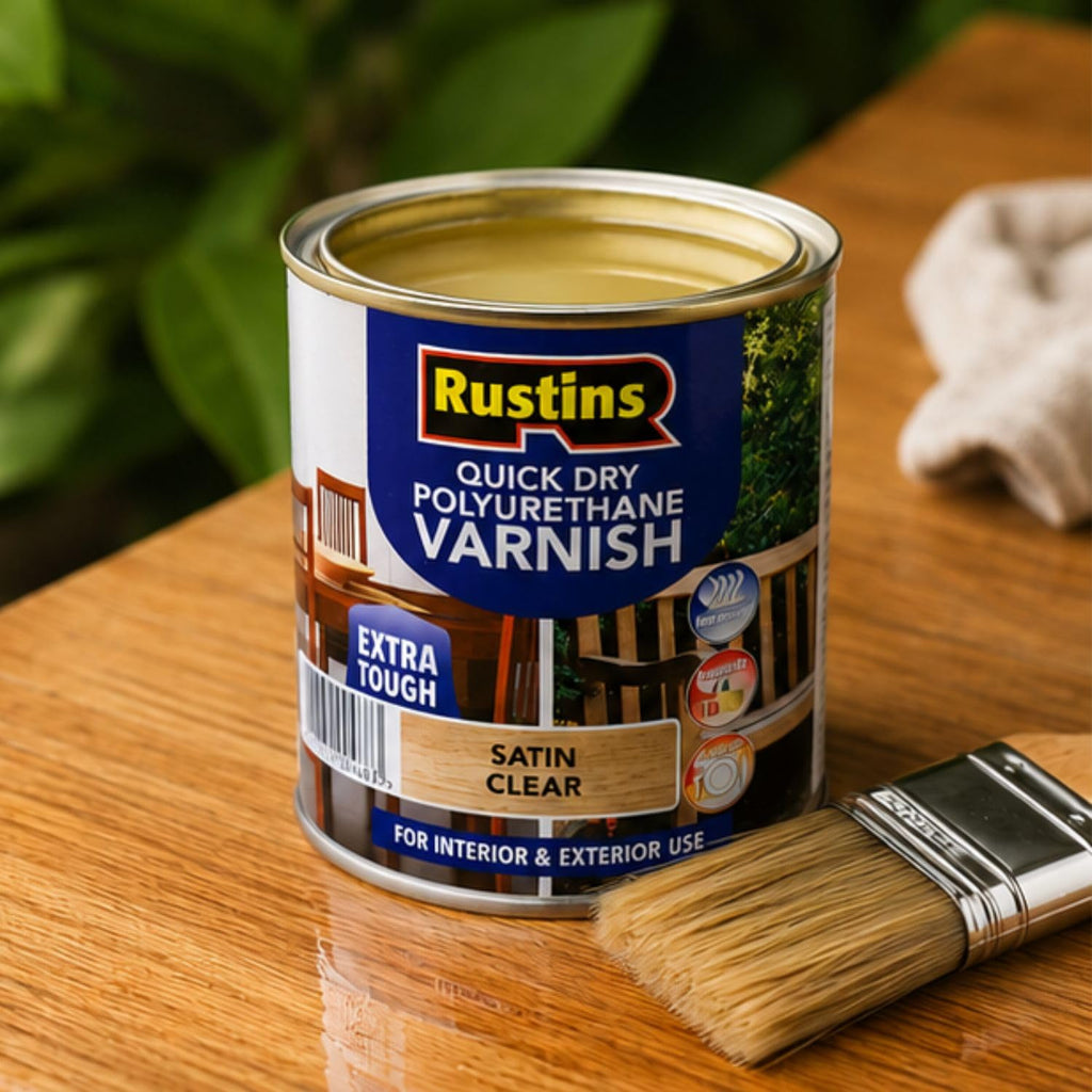 RustinsQuick Dry Poly Varnish Satin Clear 500ml -Tough, Water-Based Clear Finish in Gloss, Matt or Satin; Durable Protection for Interior Wood, Furniture and Floors