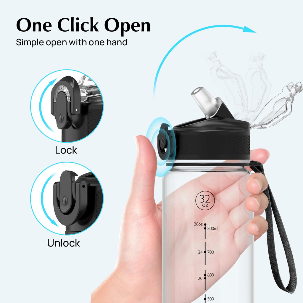 EYQ 1L Water Bottle, 1 Litre Water Bottle with Straw, 32oz Leak-Proof Motivational Sports Drinks Bottle with Time Marker, Tritan BPA-Free, Drinking Waterbottles for Gym Outdoor Sports