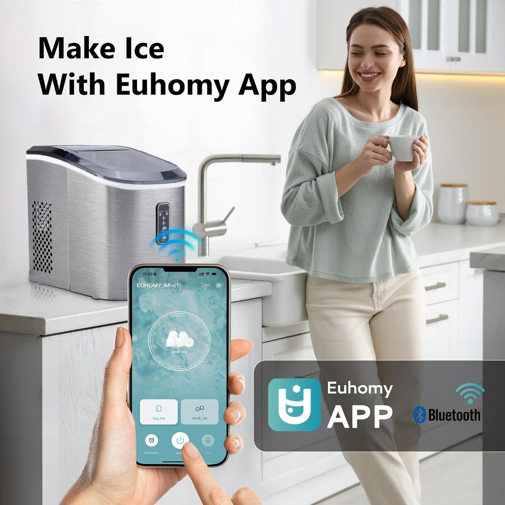 EUHOMY Ice Maker Countertop, 9 Cubes Ready in 6 Mins, 26lbs/24H, Self-Cleaning, Portable Ice Maker Machine with Carry Handle, Basket and Scoop, 2 Sizes of Bullet Ice for Home, Kitchen, Office
