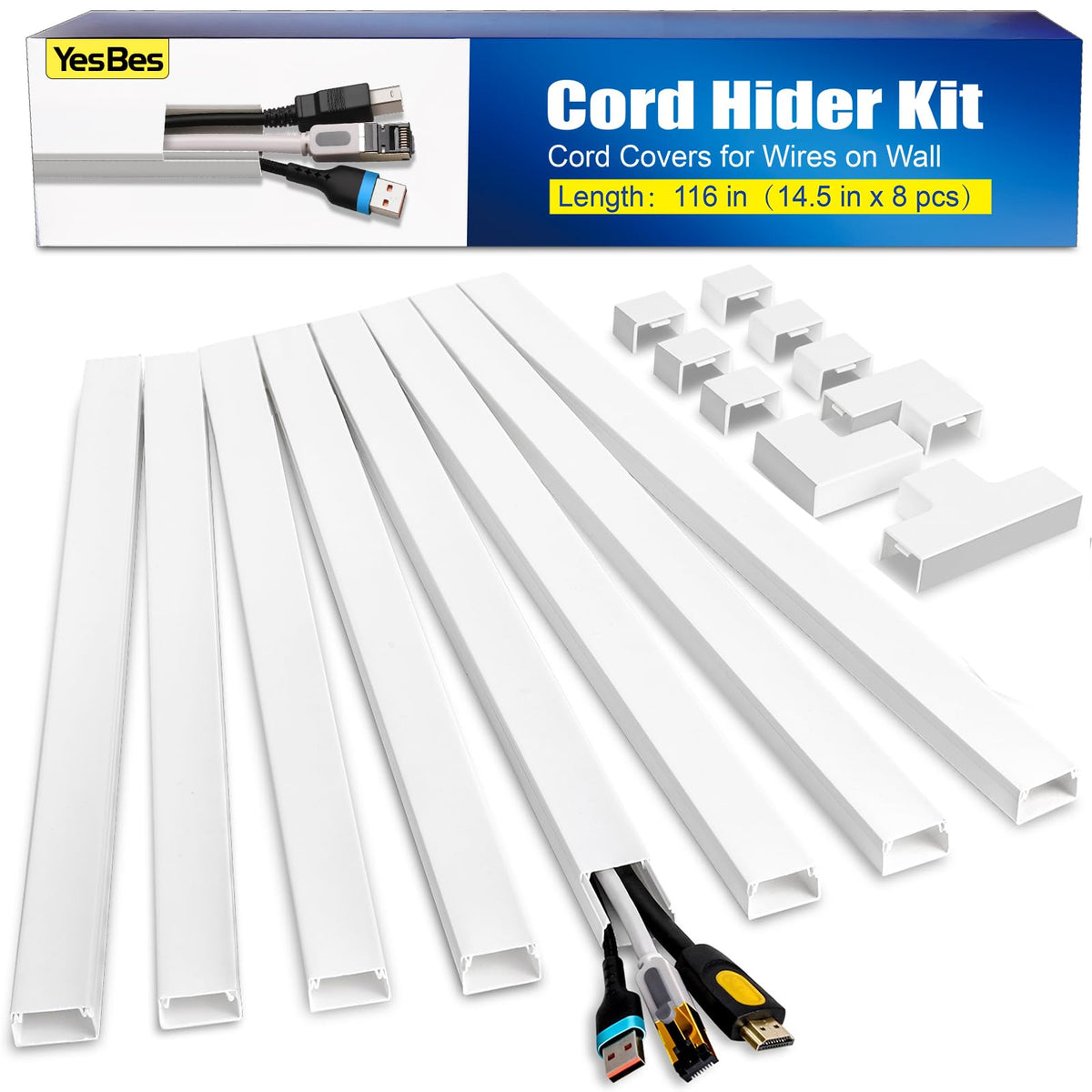1260in Cord Hider Kit, Cord Covers for Wires on Wall, Paintable Cable Raceway, Cord Hider for Wall Mount tv, tv Cable Hider Wall kit, Wire Covers for Cords, 80X L15.75 X W0.96in X H0.57in, White