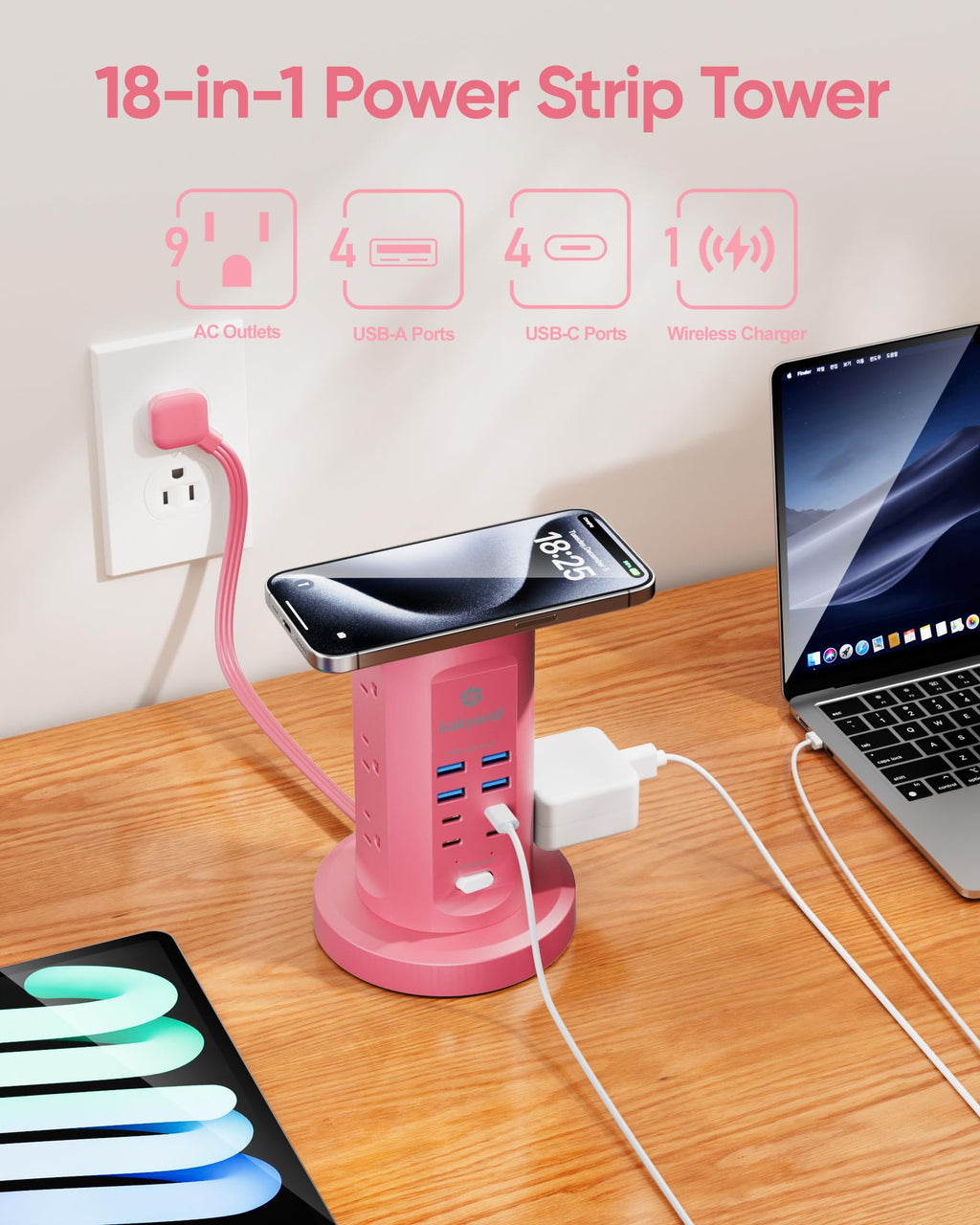 Power Strip Tower, kakyanill PD 65W Charging Station 9 AC Outlets 8 USB