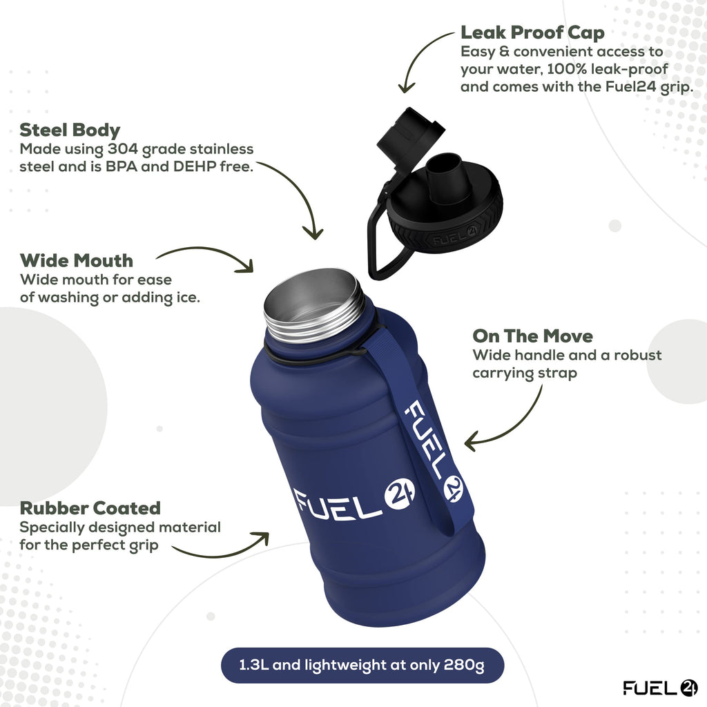 Fuel24 Stainless Steel Jug - 1.3 or 2.2 Litre Water Bottle - Extra Strong, BPA Free, Leak Proof - Large Gym Sports Bottle, 1.3L, 2.2L, Metal Bottle - Colour Options