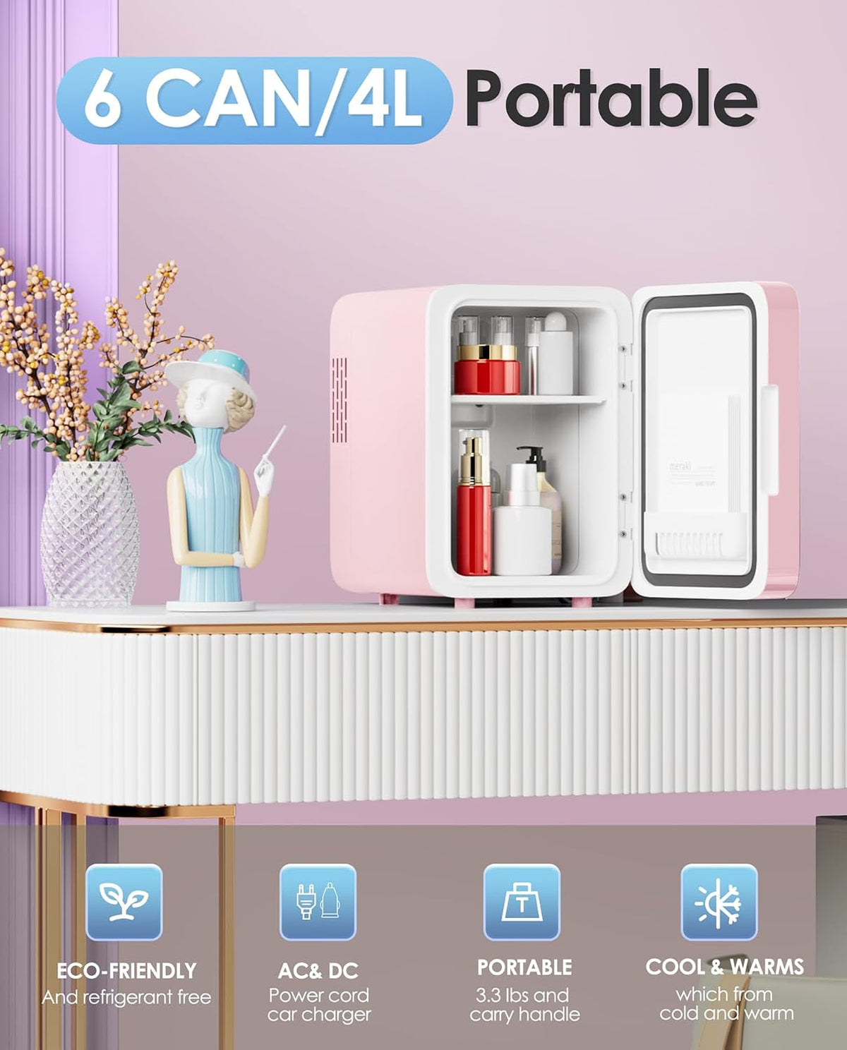CUTIEWORLD Skincare Fridge - 4L Makeup Fridge for Refrigerating Makeup, Skincare and Food, Mini Fridge for Bedroom, Office and Car, Cooler and Warmer, Beverage Cooler, Leather Pink