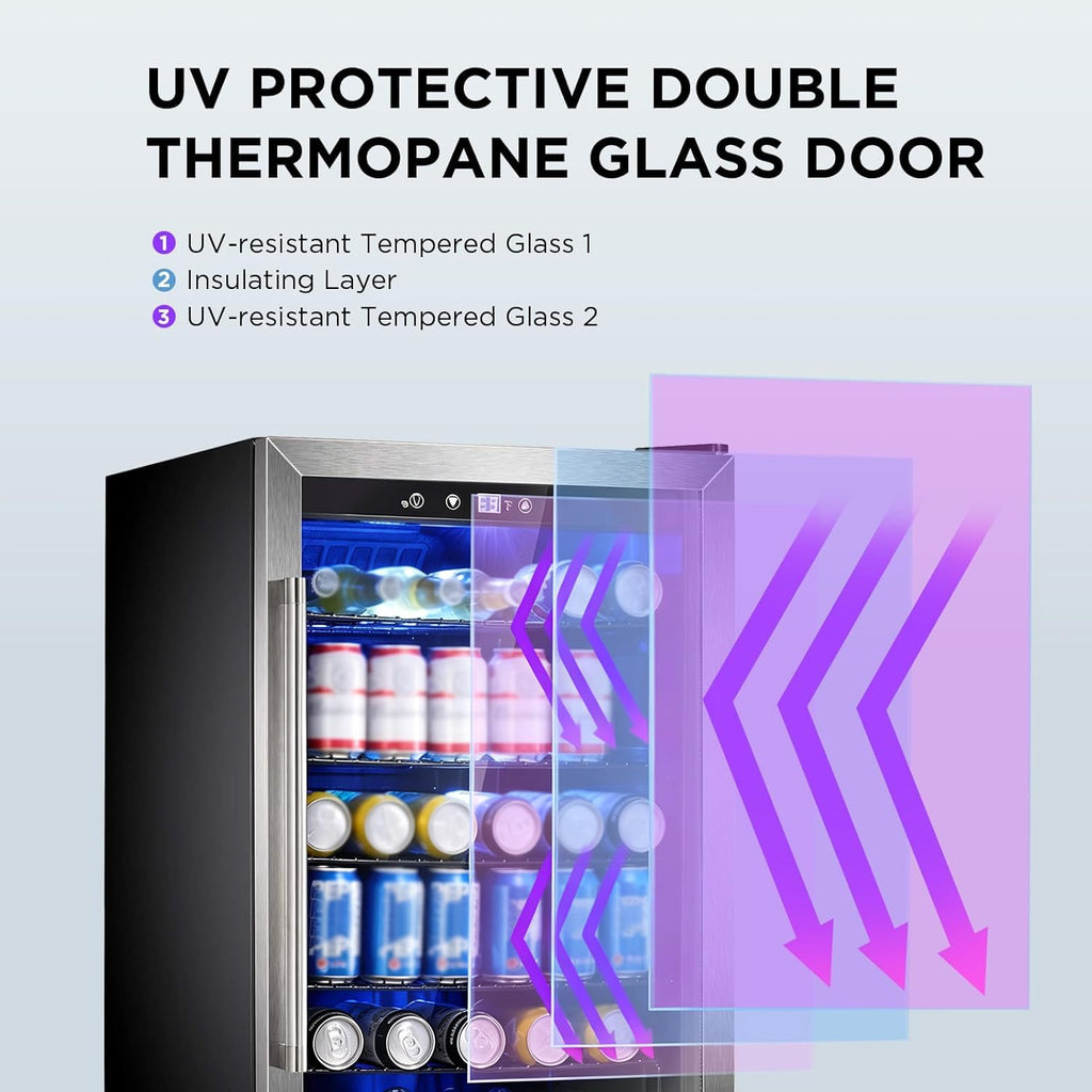 Electactic 48 Can Beverage Refrigerator,12 Bottle Wine Cooler with Seamless Stainless Steel & Glass Door, Digital Temperature Display, Countertop Mini Fridge for Soda, Wine or Beer, Silver