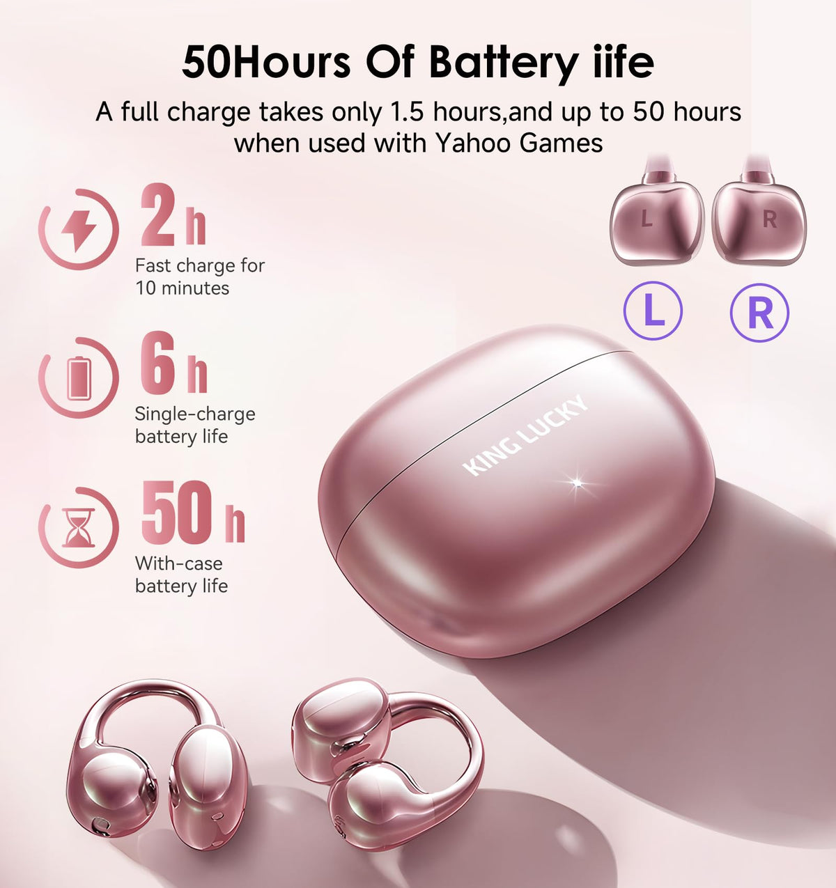 Kinglucky Clip-On Earbuds Gen 3, Open-Ear Wireless Bluetooth 6.0 Headphones with Mic, Secure Fit for Small Ears & Glasses Wearers, 50H Playtime, LED Digital Display, ENC, IPX5 Waterproof(Balck)