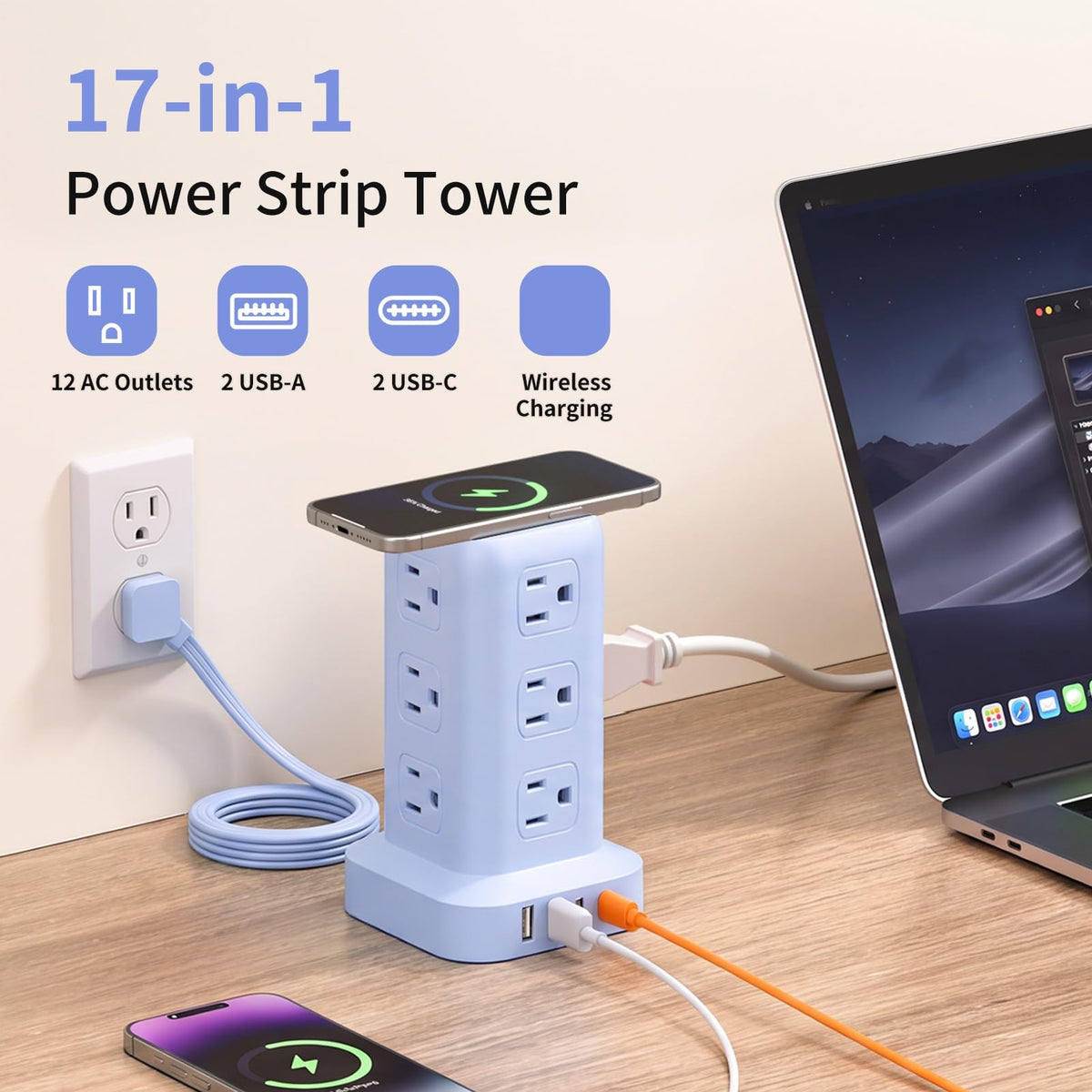 Extension Cord with Multiple Outlets, SMALLRT Power Strip Tower, PD 20W USB C, Outlet Extender with USB Ports 12 AC Outlets, 6.5FT Extension Cord for Home Office, Overload Protection