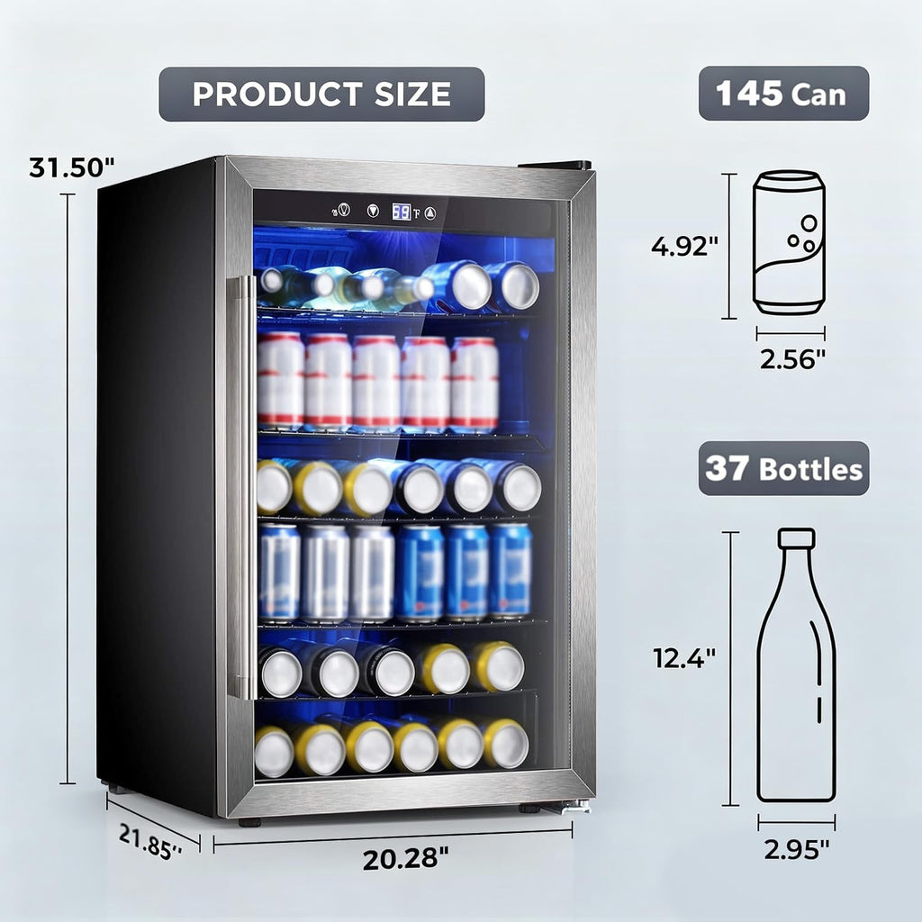 Electactic 48 Can Beverage Refrigerator,12 Bottle Wine Cooler with Seamless Stainless Steel & Glass Door, Digital Temperature Display, Countertop Mini Fridge for Soda, Wine or Beer, Silver
