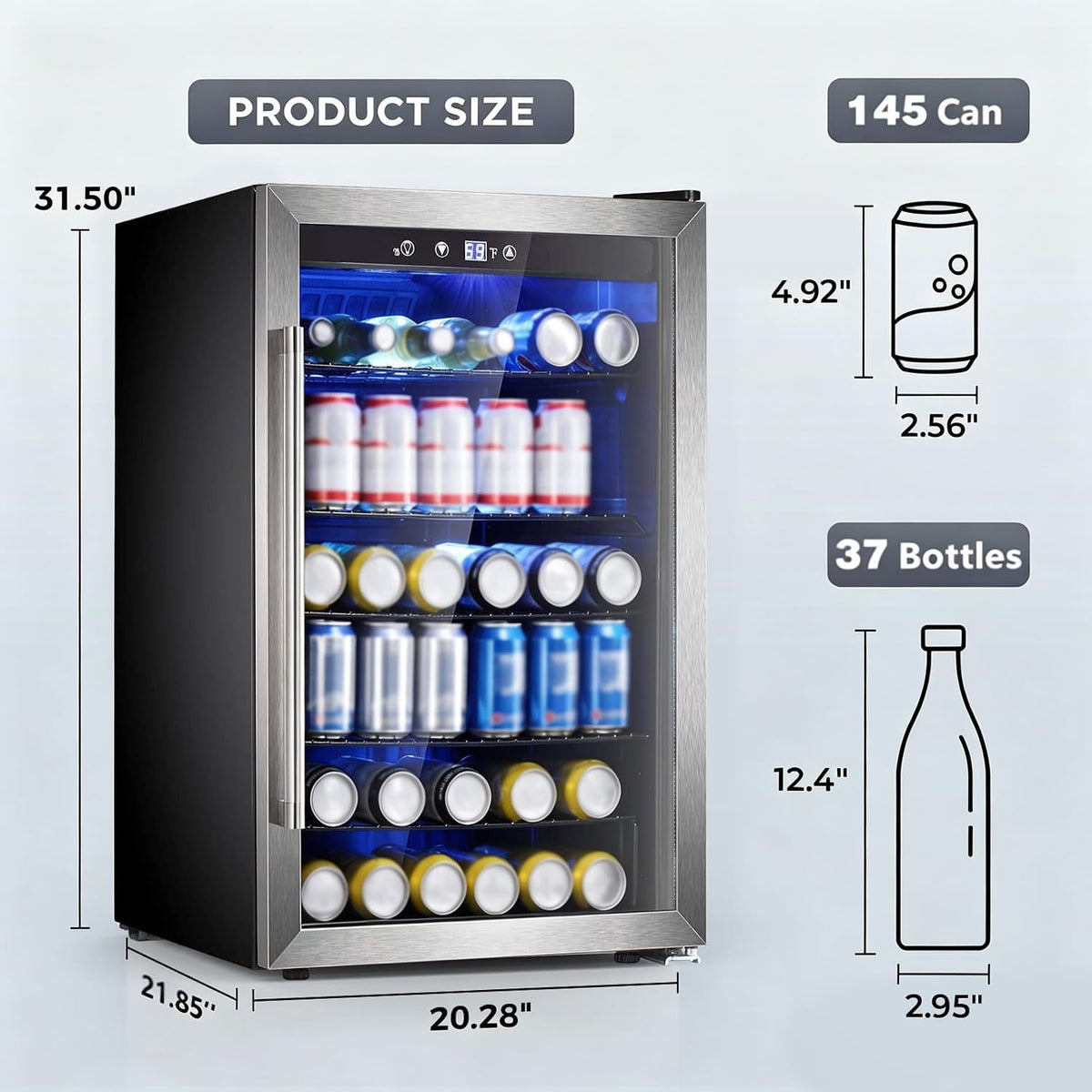 Electactic 48 Can Beverage Refrigerator,12 Bottle Wine Cooler with Seamless Stainless Steel & Glass Door, Digital Temperature Display, Countertop Mini Fridge for Soda, Wine or Beer, Silver