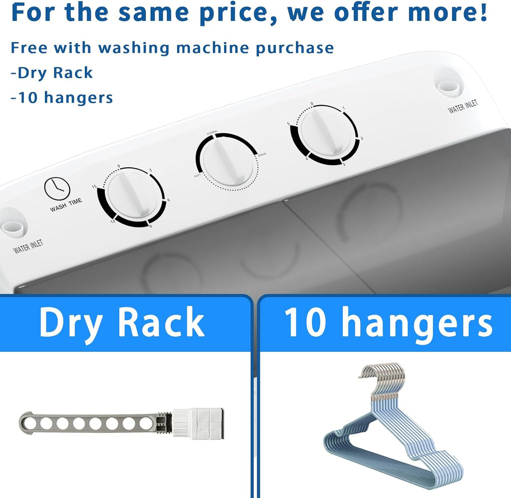 Erivess Portable Twin Tub 19lbs Washing Machine with Drying Rack and 10 Hangers, 12lbs Washer Mini Compact Laundry Machine with 7lbs Spinner, 1500rpm Semi-automatic Washer Combo for Dorm&Apartment