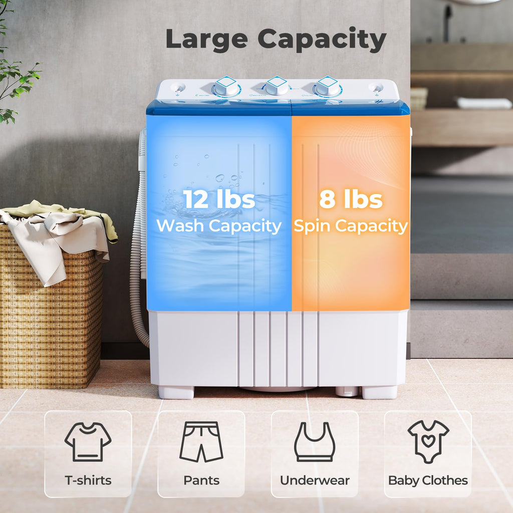 Giantex Portable Washing Machine, 20lbs Capacity, 12lbs Washer and 8lbs Spinner, Compact for Apartment RV, Gray & White, GX20313-PE