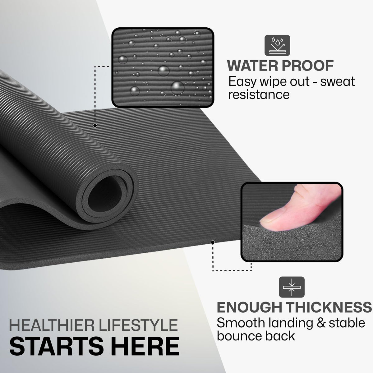 XN8 Sports Yoga Mat 10mm & 15mm Thick NBR Exercise Mat with Carry Strap
