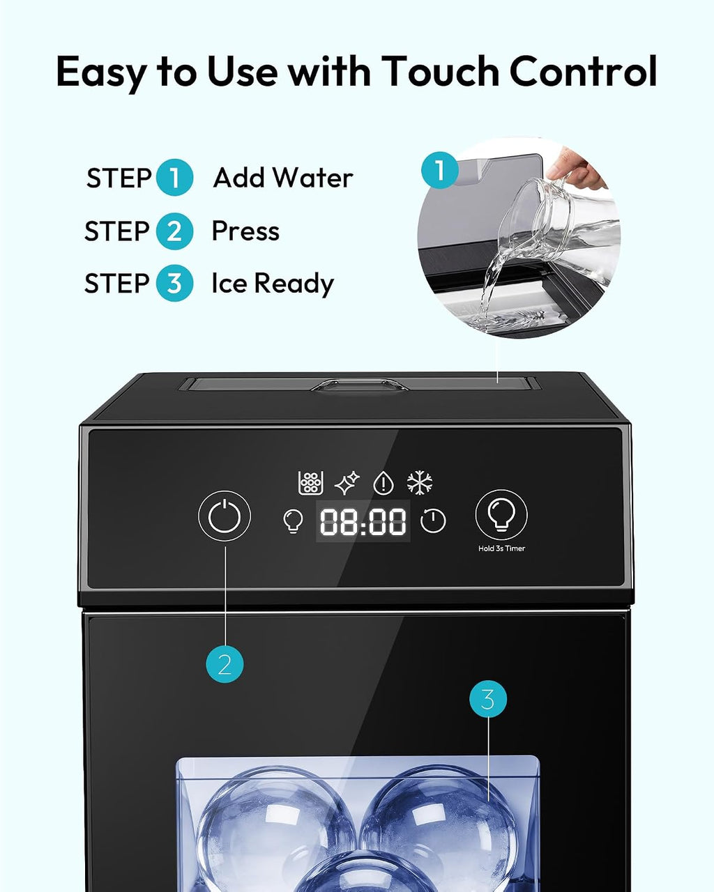 EUHOMY 2.4" Clear Ice Ball Maker Countertop, 2Pcs in 60Mins, 48Pcs/Day, Timer, Self-Cleaning Round Ice Cube Maker with Crystal Clear Ice, Sphere Ice Maker Machine for Whiskey & Bourbon