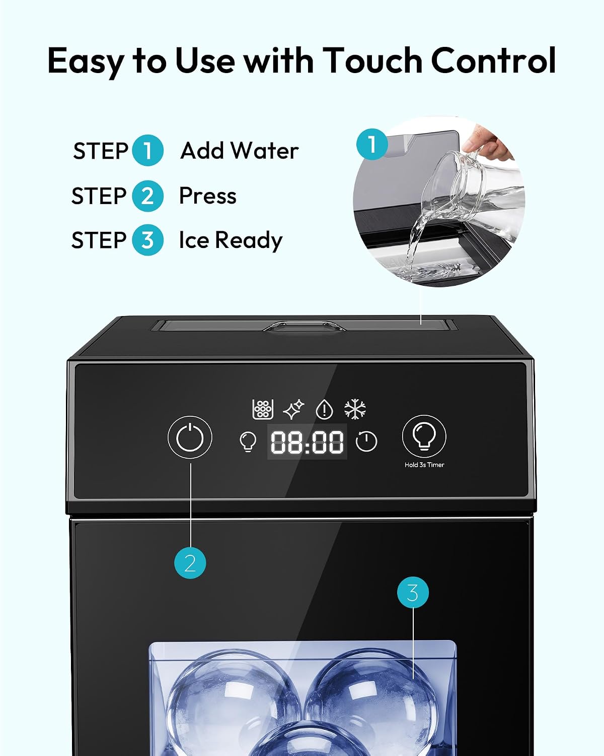 EUHOMY 2.4" Clear Ice Ball Maker Countertop, 2Pcs in 60Mins, 48Pcs/Day, Timer, Self-Cleaning Round Ice Cube Maker with Crystal Clear Ice, Sphere Ice Maker Machine for Whiskey & Bourbon