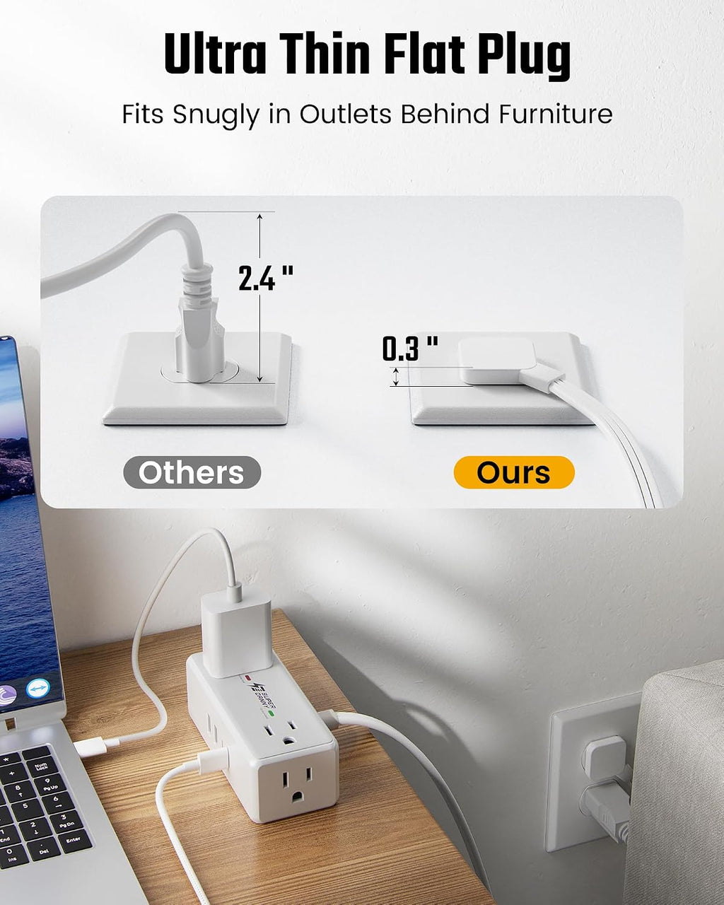 3Ft Short Extension Cord with Multiple Outlets, Surge Protector Power Strip