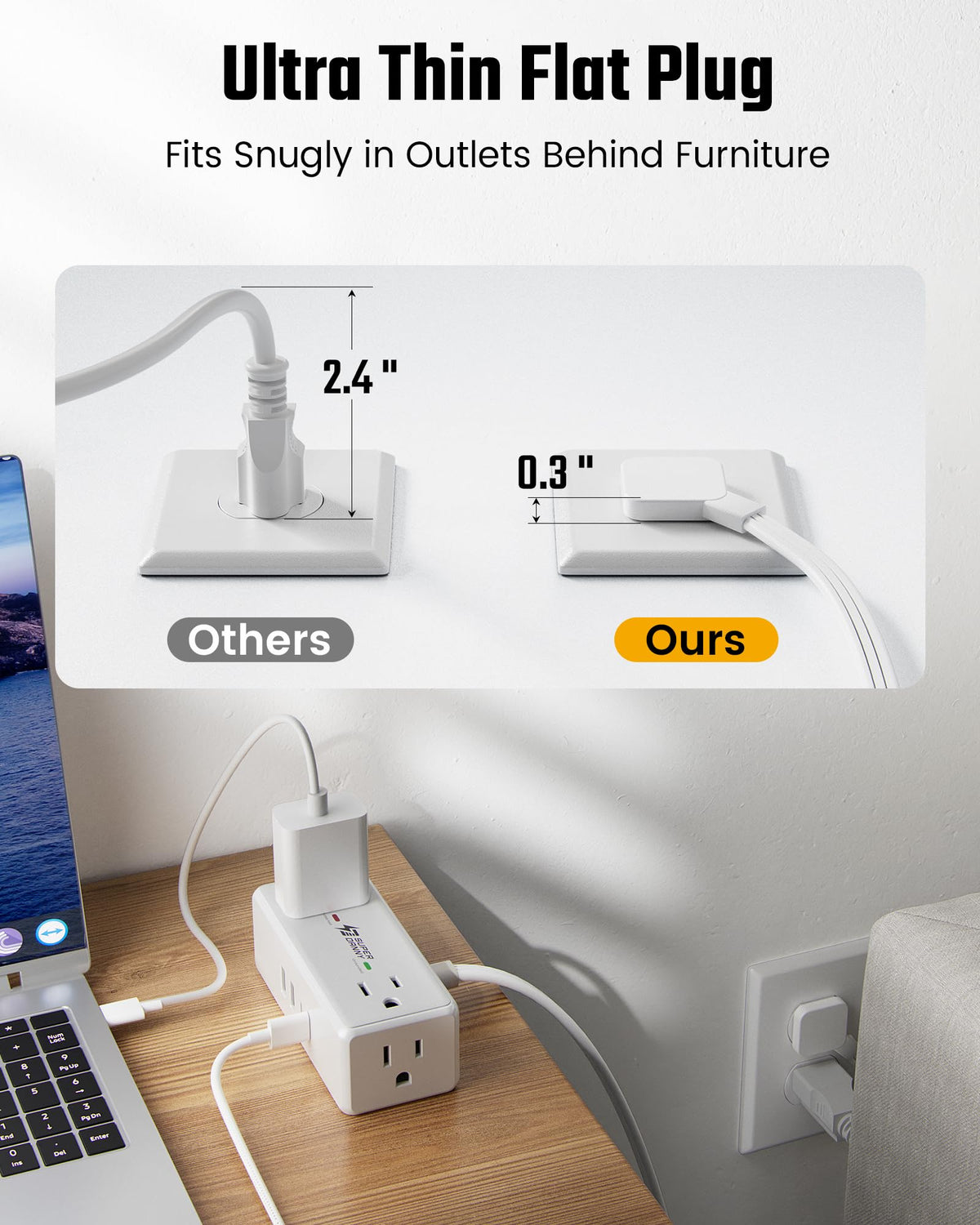 3Ft Short Extension Cord with Multiple Outlets, Surge Protector Power Strip