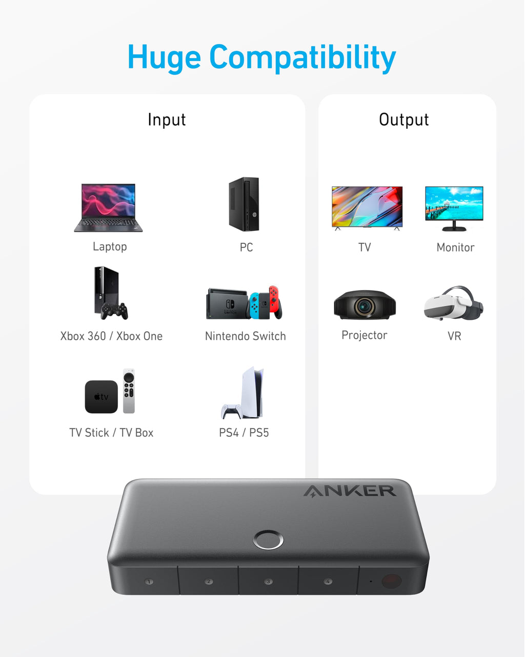 Anker HDMI Switch, 2 in 1 Out HDMI Switcher, Monitor Switch with 4K@60Hz