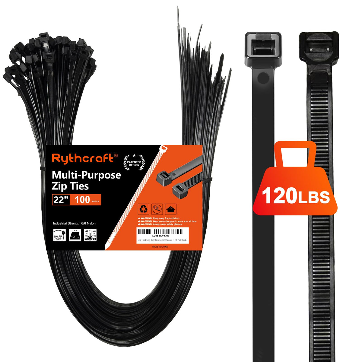 Rythcraft 12" Cable Zip Ties Heavy Duty, 200 LBS Test Tilted Tooth, 80 Pack