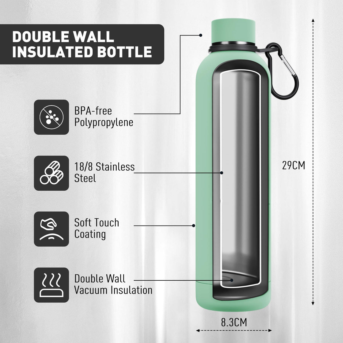 Exllena Insulated Black Water Bottles 750ml with Clip, Double Wall Vacuum Drinks Bottle Keeps Drinks Cold 24 Hrs/Hot 12 Hrs, Stainless Steel Water Bottle BPA Free