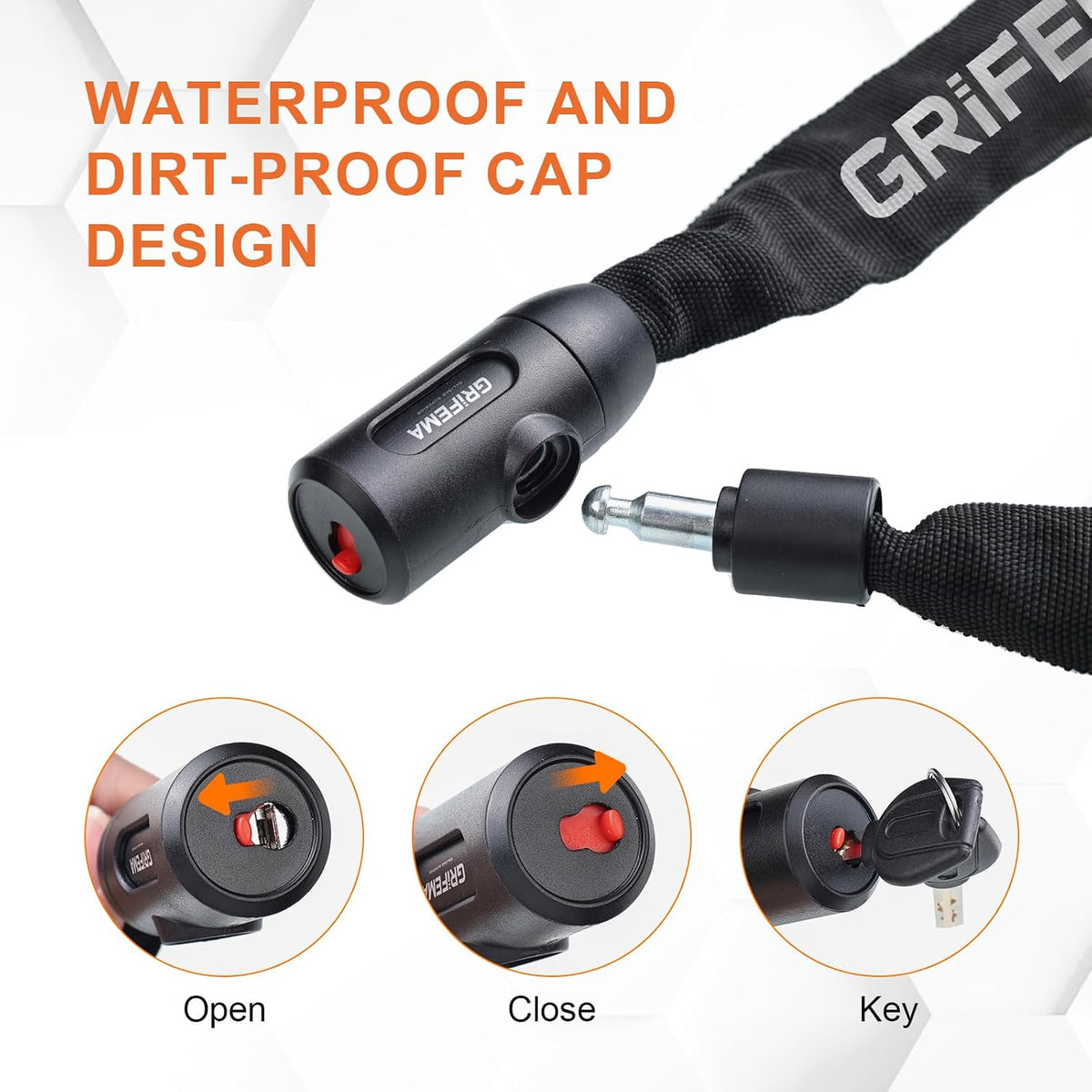 GRIFEMA GA1201-12 Bike Locks High Security with 2 Keys, Bike Chain Lock Heavy Duty, 120cm Bicycle/Cycling Locks for Bike Cycle, Moto, Door, Gate Fence, Black/White