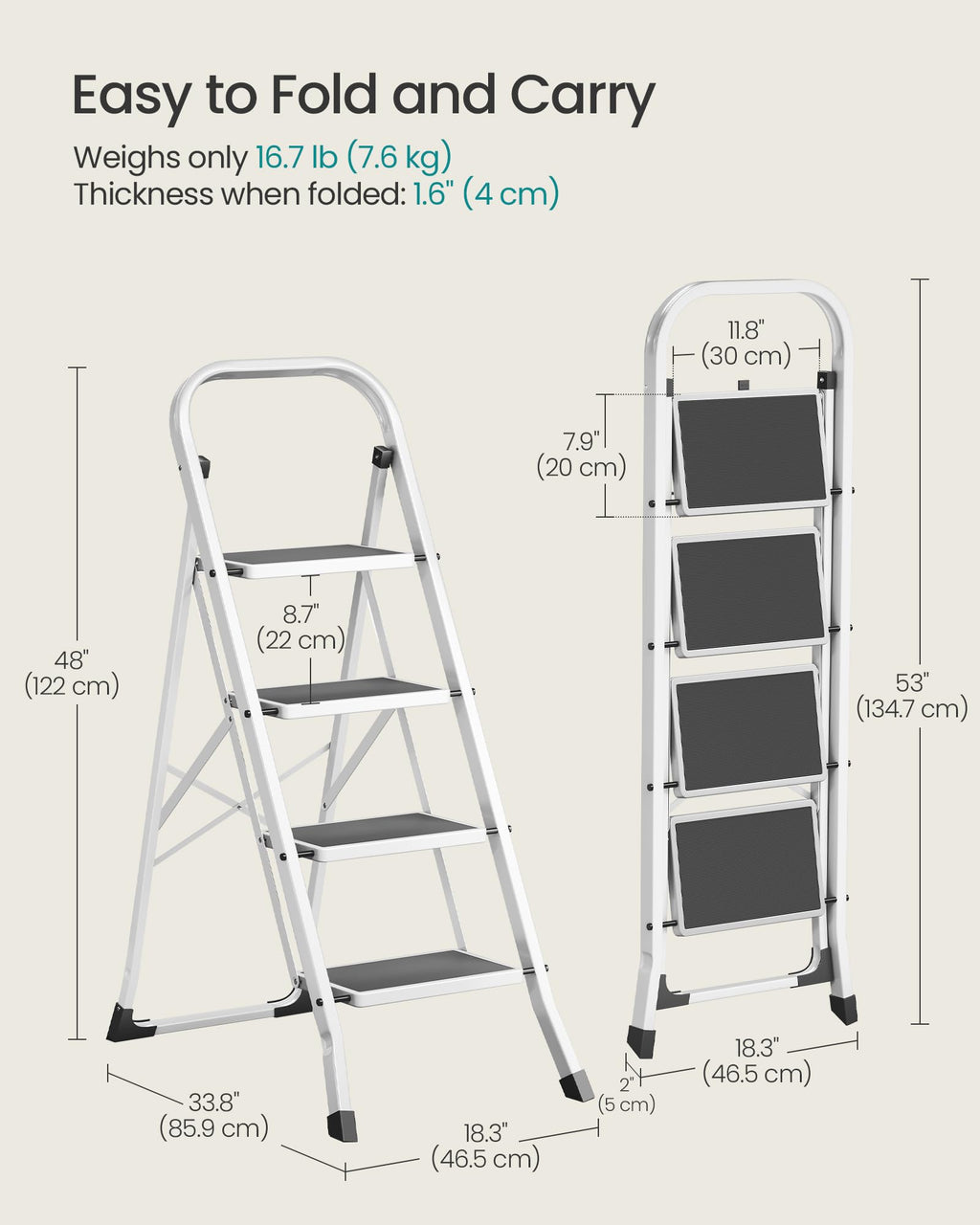 SONGMICS 3-Step Ladder, Folding Step Ladder, Safety, Holds up to 150KG