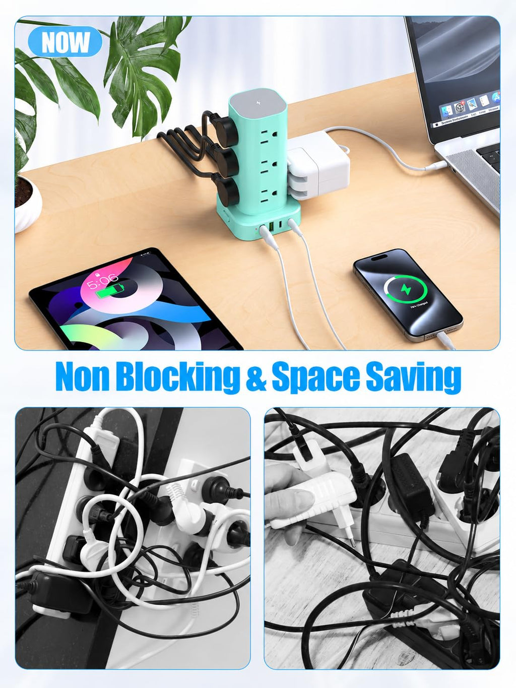 6FT Power Strip Tower with Wireless Charger,Surge Protector with 12 Outlets
