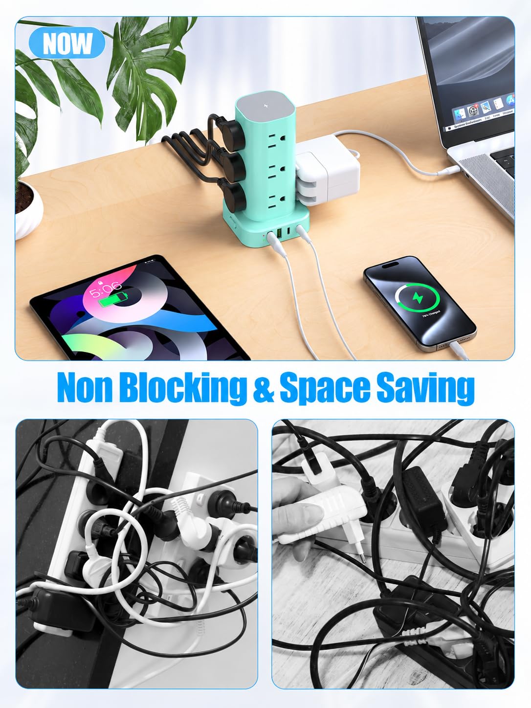 6FT Power Strip Tower with Wireless Charger,Surge Protector with 12 Outlets