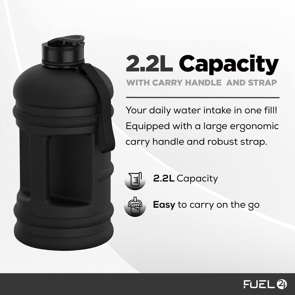 Fuel24 Jug - 2.2 Litre Water Bottle - Extra Strong Flex Material - Drop Proof, Pop or Straw Cap Options - 2.2L Large Gym Sports Bottle, BPA FREE