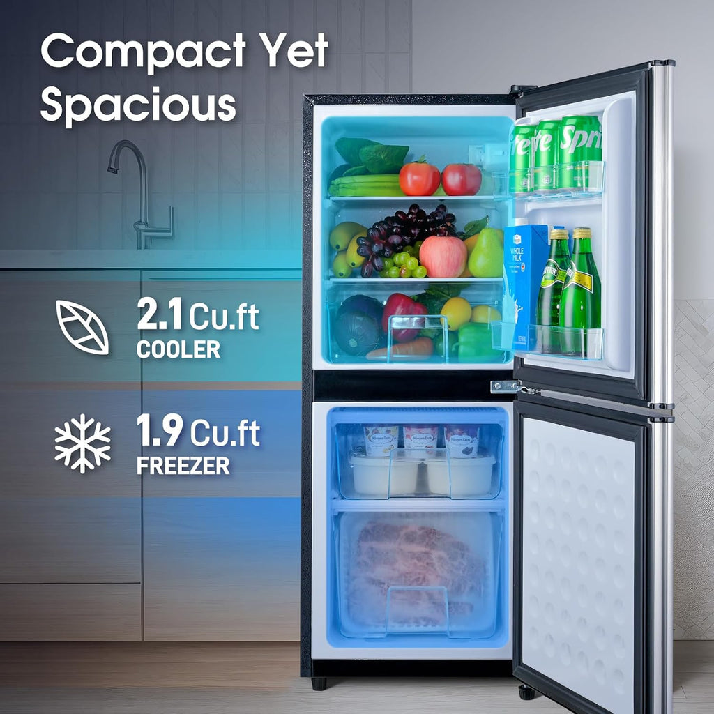 Anypro 4.0 Cu.Ft Fridge with Bottom Freezer, 2 Door Refrigerator with Drawer, 7 Level Temperatures and Adjustable Shelves for Bedroom, Dorm, Office, Apartment, Silver
