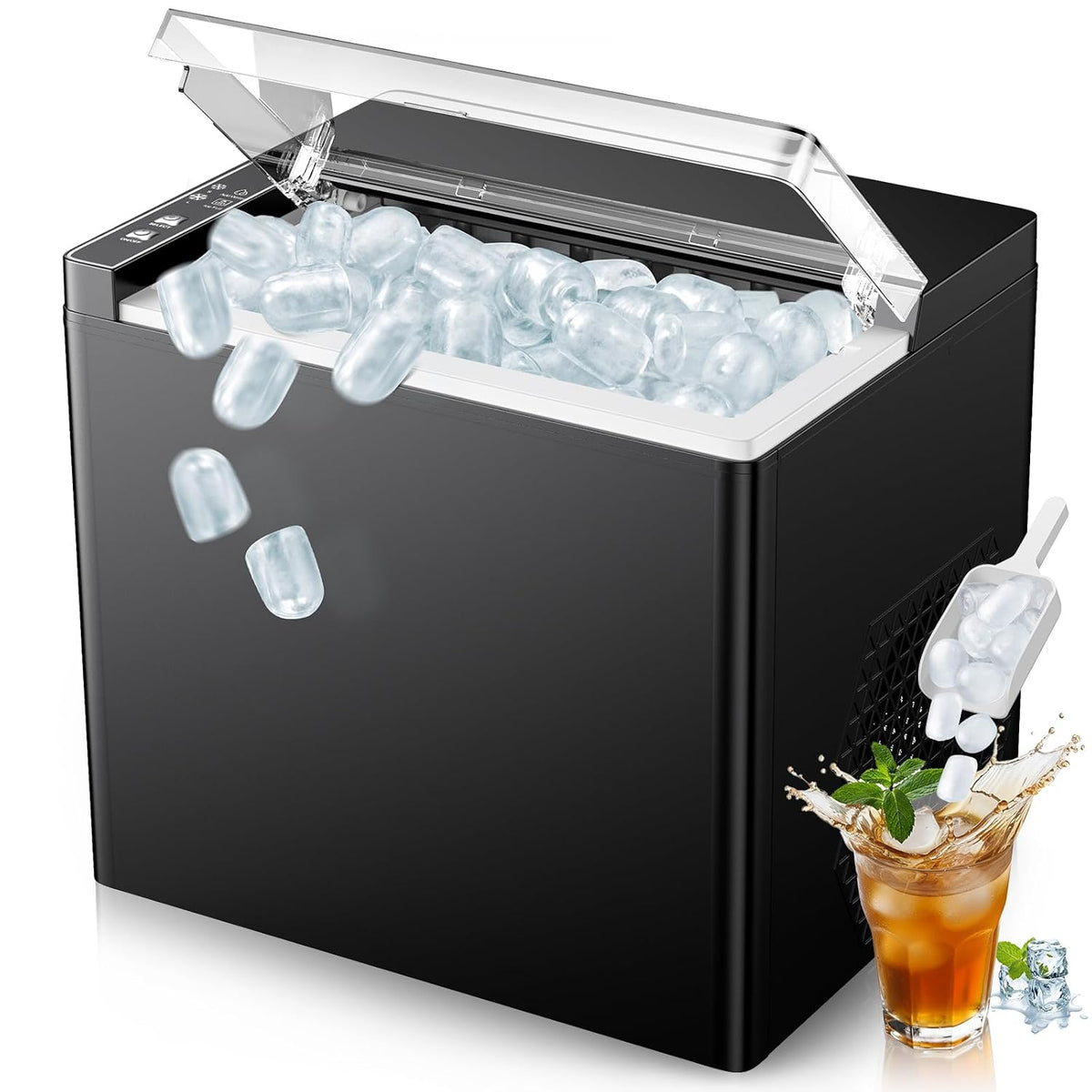 Countertop Ice Makers Machine, Portable Ice Machine Producing 9 Ice Cubes Within 6 Mins, Bullet Ice Available in Two Sizes(S/L), Compact Mini Ice Maker Appliance for Home Kitchen Camping （Ebony）