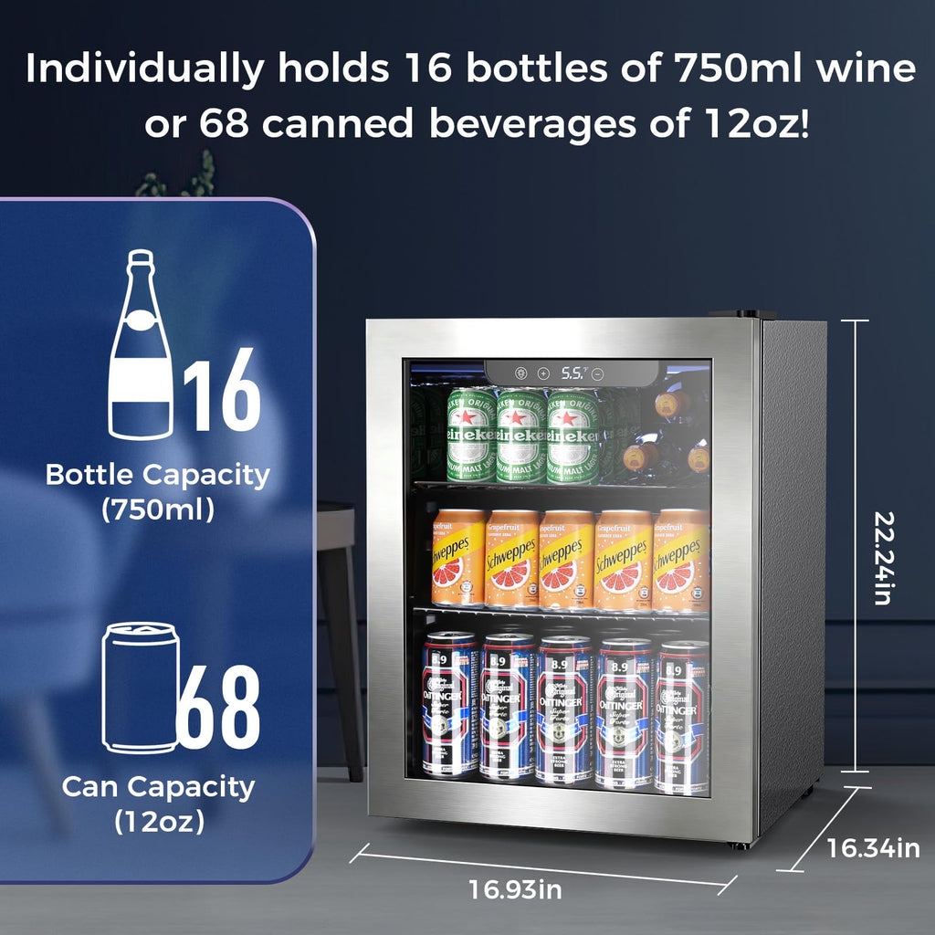 Electactic 48 Can Beverage Refrigerator,12 Bottle Wine Cooler with Seamless Stainless Steel & Glass Door, Digital Temperature Display, Countertop Mini Fridge for Soda, Wine or Beer, Silver