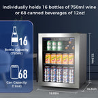 Electactic 48 Can Beverage Refrigerator,12 Bottle Wine Cooler with Seamless Stainless Steel & Glass Door, Digital Temperature Display, Countertop Mini Fridge for Soda, Wine or Beer, Silver