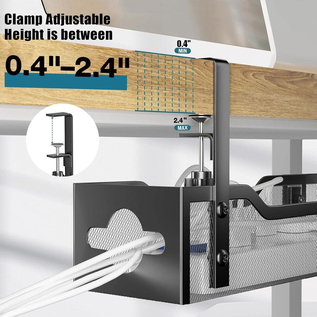 Under Desk Cable Management Tray 2 Pack, No Drill Cable Organizer With Clamp for Standing Desk, Easy to Install Cord Management System, No Damage Wire Organizer