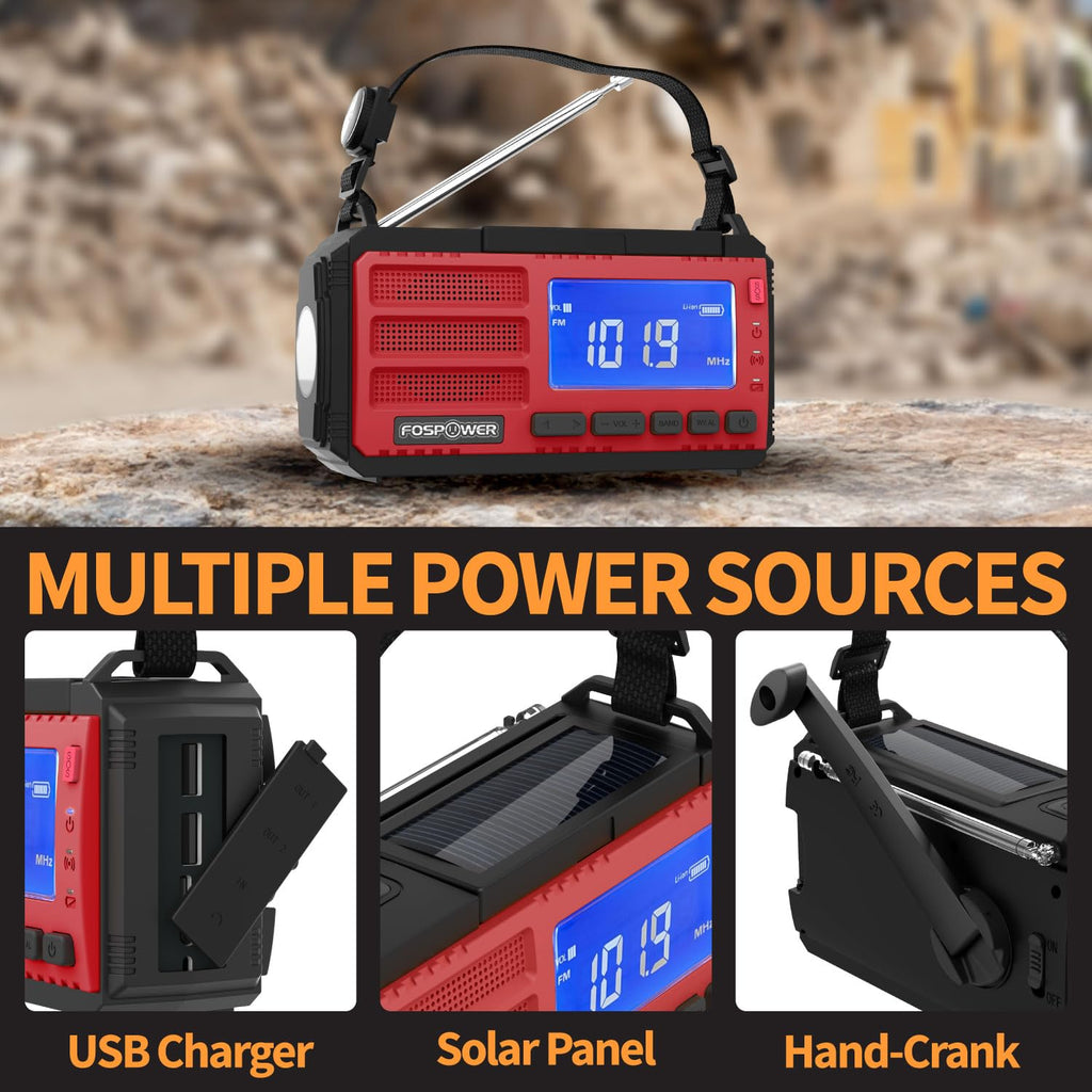 FosPower NOAA Emergency Weather Radio A1 7400mWh Solar Hand Crank (Orange)