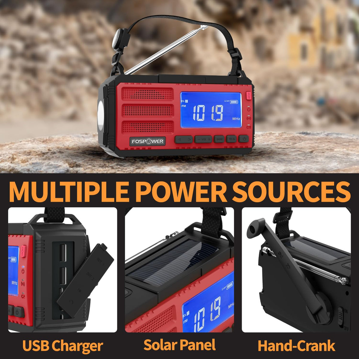 FosPower NOAA Emergency Weather Radio A1 7400mWh Solar Hand Crank (Orange)