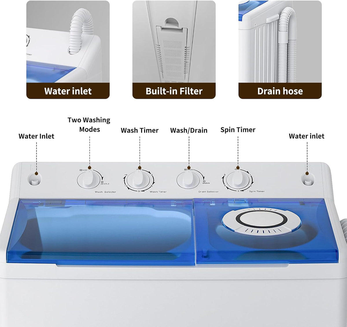 VCJ Portable Washing Machine, Twin Tub Washing Machine Laundry Compact Washer spinner Combo with 40lbs capacity, 24Lbs Washer and 16Lbs Spinner dryer for Apartments RVs and Dorms
