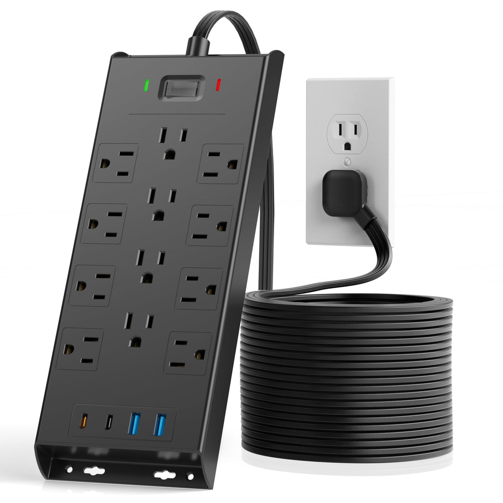 Surge Protector Power Strip 4800J, LeZone 10Ft Long Extension Cord Flat Plug, 20 Outlets 8 USB Ports(4 USB-C), Wall Mountable, Desk Charging Station, Black