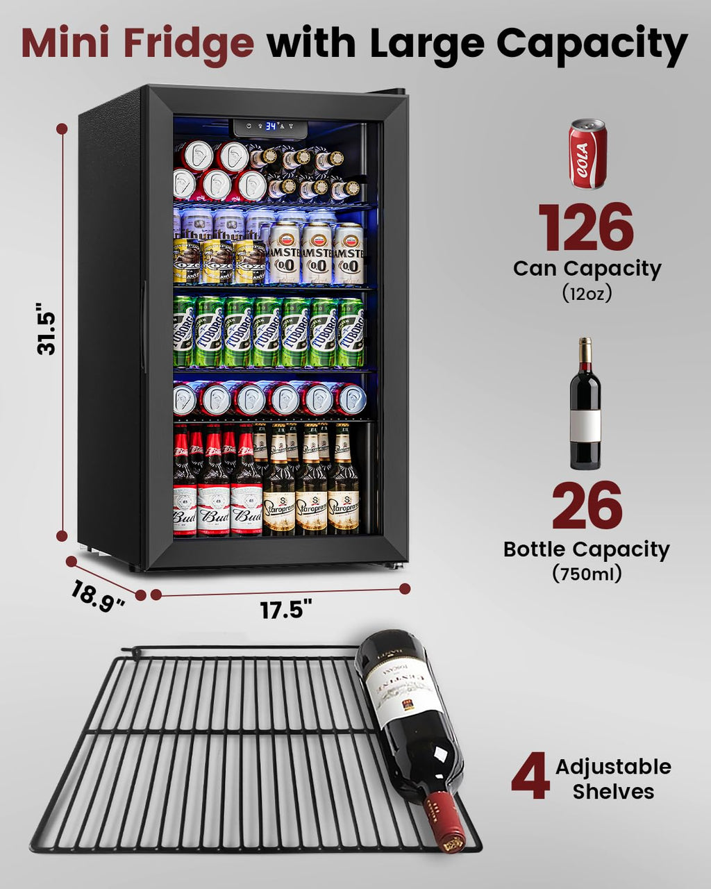Feelfunn 2.6CuFt Beverage Refrigerator, 95 Can Mini Fridge with Glass Door