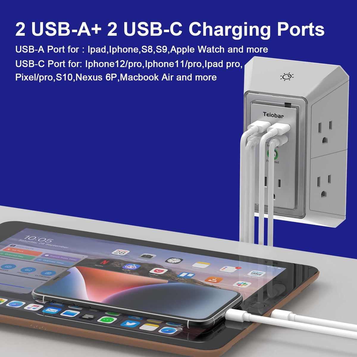 Multi Plug Wall Outlet Surge Protector with 6-Outlet & 4 USB Ports(2USB-C)
